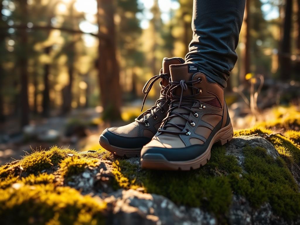 Hiking boots on a mossy rock in a sunlit forest